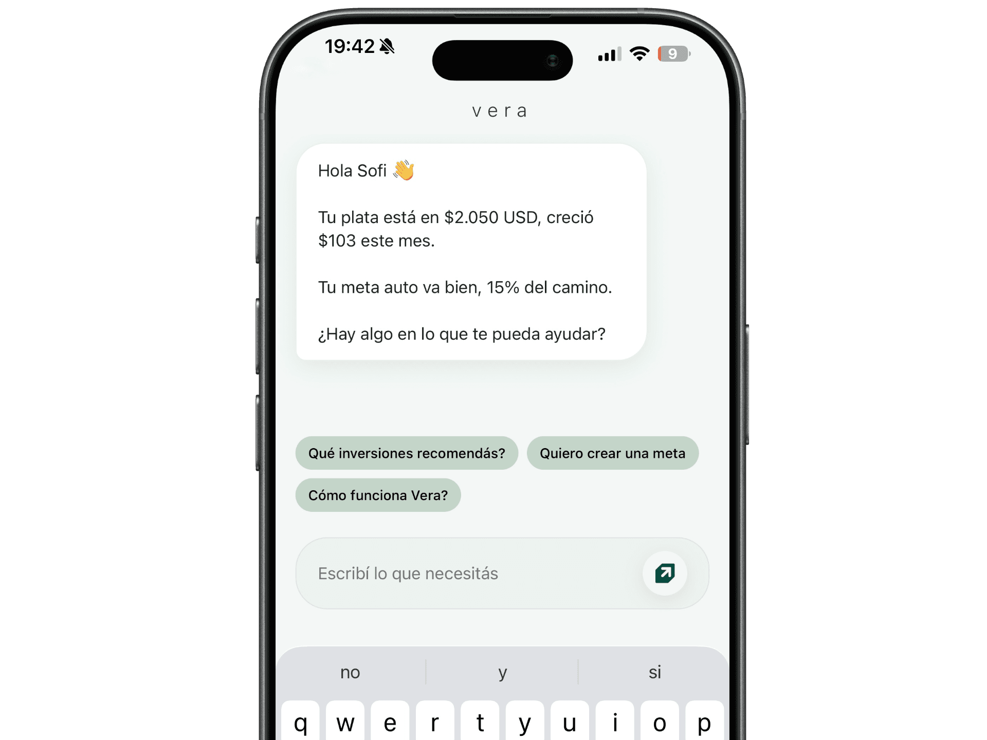 Mockup de la app Vera mostrando la experiencia en iPhone